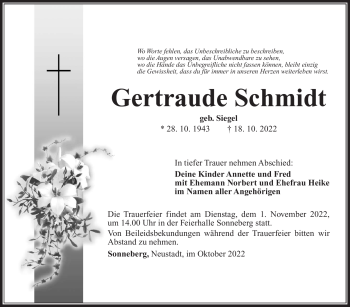 Traueranzeige von Gertraude Schmidt von Südthüringer Presse
