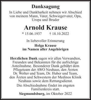 Traueranzeige von Arnold Krause von Südthüringer Presse