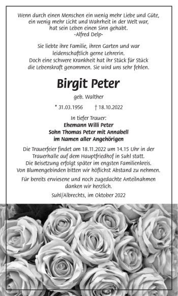 Traueranzeige von Birgit Peter von Südthüringer Presse