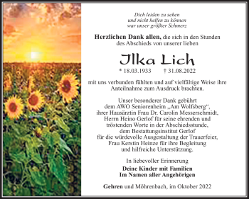 Traueranzeige von Ilka Lich von Südthüringer Presse