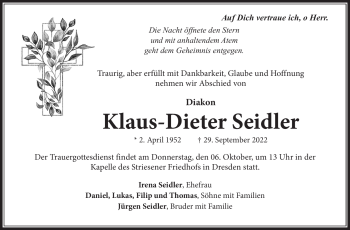 Traueranzeige von Klaus-Dieter Seidler von Südthüringer Presse
