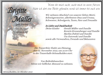 Traueranzeige von Brigitte Müller von Südthüringer Presse