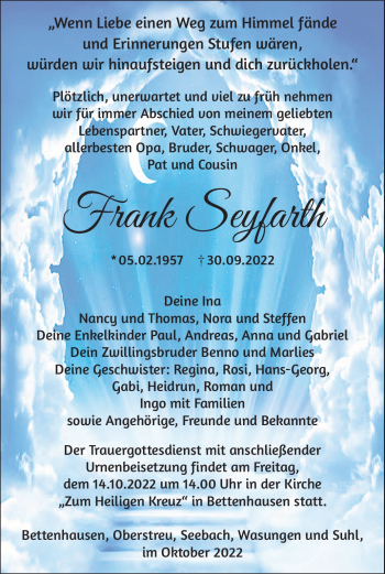 Traueranzeige von Frank Seyfahrt von Südthüringer Presse