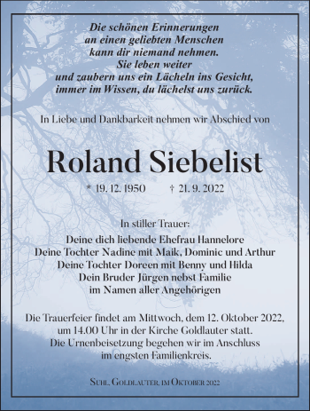 Traueranzeige von Roland Siebelist von Südthüringer Presse