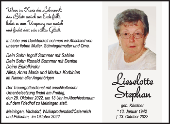 Traueranzeige von Lieselotte Stephan von Südthüringer Presse