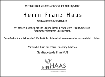 Traueranzeige von Franz Haas von Neue Presse Coburg