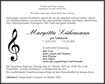 Traueranzeige von Margitta Lührmann von Südthüringer Presse