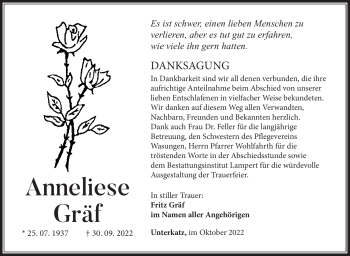 Traueranzeige von Anneliese Gräf von Südthüringer Presse