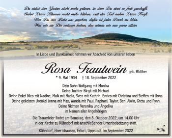 Traueranzeige von Rosa Trautwein von Südthüringer Presse