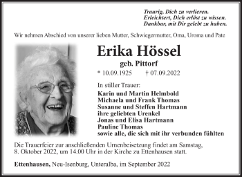 Traueranzeige von Erika Hössel von Südthüringer Presse