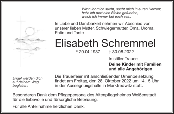 Traueranzeige von Elisabeth Schremmel von Frankenpost