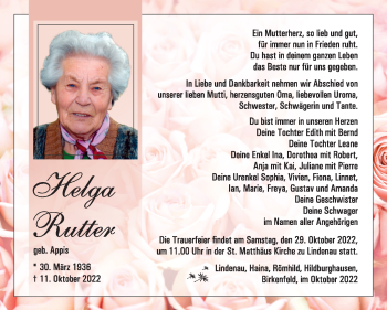 Traueranzeige von Helga Rutter von Südthüringer Presse
