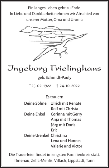 Traueranzeige von Ingeborg Frielinghaus von Südthüringer Presse