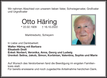 Traueranzeige von Otto Häring von Frankenpost