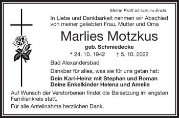 Traueranzeige von Marlies Motzkus von Frankenpost