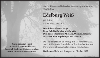 Traueranzeige von Edelburg Weiß von Südthüringer Presse