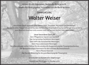 Traueranzeige von Walter Weiser von Südthüringer Presse
