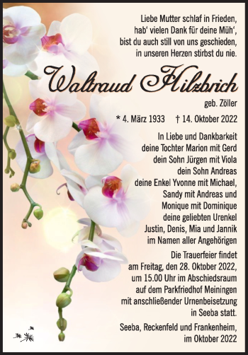 Traueranzeige von Waltraud Hilzbrich von Südthüringer Presse
