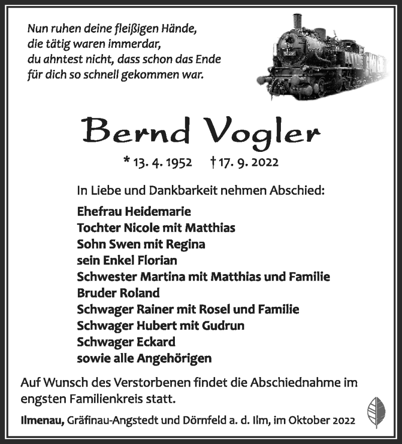  Traueranzeige für Bernd Vogler vom 15.10.2022 aus Südthüringer Presse