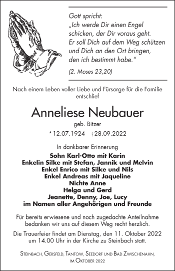 Traueranzeige von Anneliese Neubauer von Südthüringer Presse