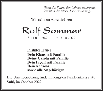 Traueranzeige von Rolf Sommer von Südthüringer Presse