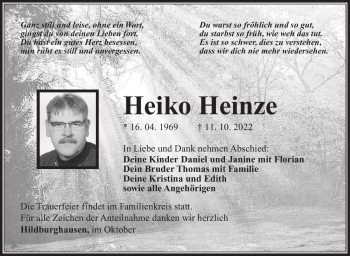 Traueranzeige von Heiko Heinze von Südthüringer Presse