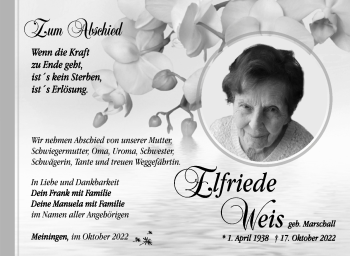 Traueranzeige von Elfriede Weis von Südthüringer Presse