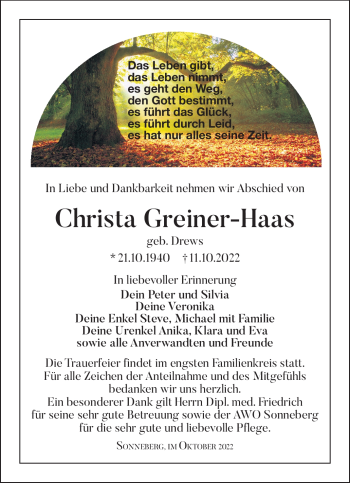 Traueranzeige von Christa Greiner-Haas von Südthüringer Presse