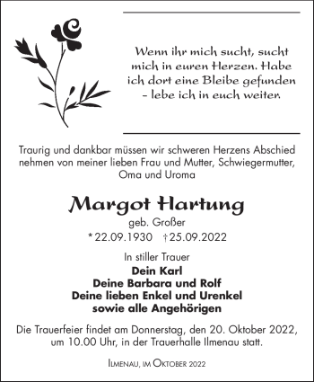 Traueranzeige von Margot Hartung von Südthüringer Presse