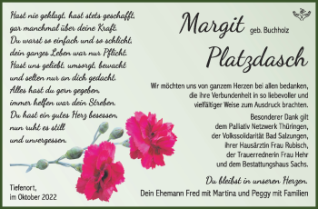Traueranzeige von Margit Platzdasch von Südthüringer Presse