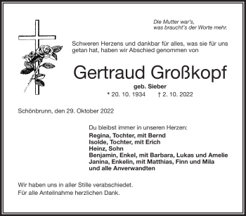 Traueranzeige von Gertraud Großkopf von Frankenpost