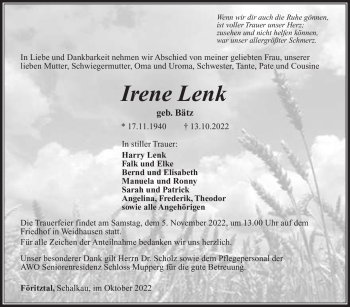 Traueranzeige von Irene Lenk von Südthüringer Presse