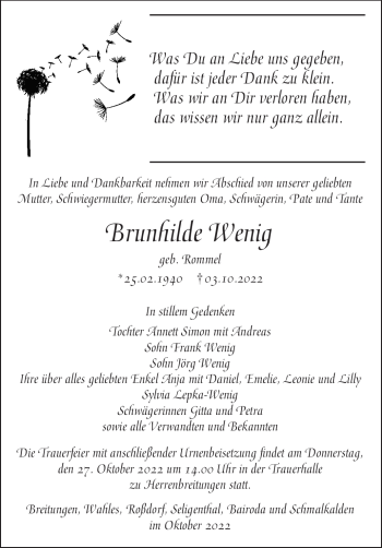 Traueranzeige von Brunhilde Wenig von Südthüringer Presse