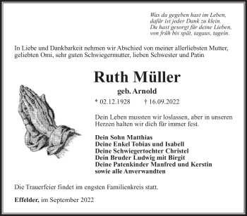 Traueranzeige von Ruth Müller von Südthüringer Presse
