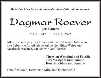 Traueranzeige von Dagmar Roever von Südthüringer Presse
