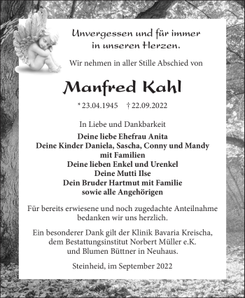 Traueranzeige von Manfred Kahl von Südthüringer Presse