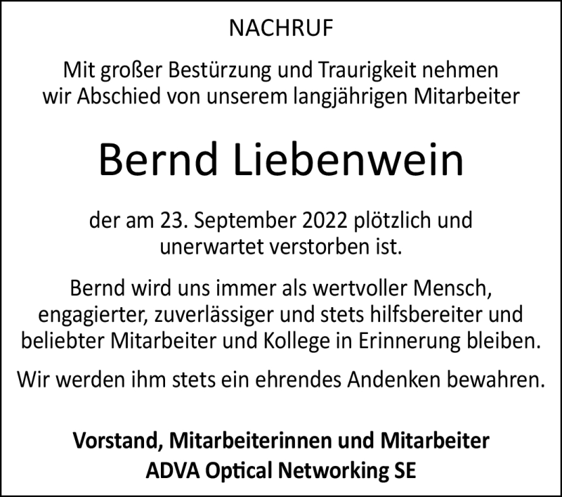  Traueranzeige für Bernd Liebenwein vom 05.10.2022 aus Südthüringer Presse