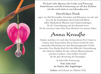 Traueranzeige von Anna Krauße von Südthüringer Presse
