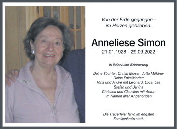 Traueranzeige von Anneliese Simon von Neue Presse Coburg