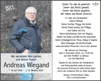 Traueranzeige von Andreas Wiegand von Südthüringer Presse