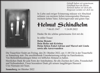 Traueranzeige von Helmut Schindhelm von Südthüringer Presse