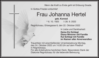 Traueranzeige von Johanna Hertel von Frankenpost