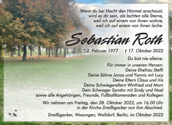 Traueranzeige von Sebastian Roth von Südthüringer Presse