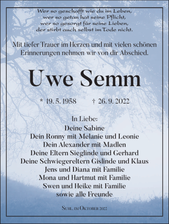 Traueranzeige von Uwe Semm von Südthüringer Presse