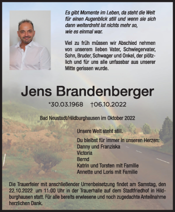 Traueranzeige von Jens Brandenberger von Südthüringer Presse