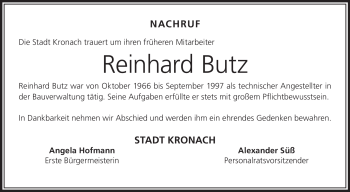 Traueranzeige von Reinhard Butz von Neue Presse Coburg