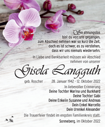 Traueranzeige von Gisela Langguth von Südthüringer Presse