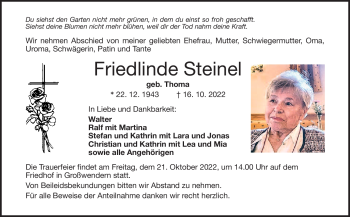 Traueranzeige von Friedlinde Steinel von Frankenpost