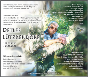 Traueranzeige von Detlef Lützkendorf von Südthüringer Presse