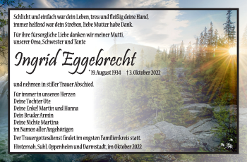 Traueranzeige von Ingrid Eggebrecht von Südthüringer Presse